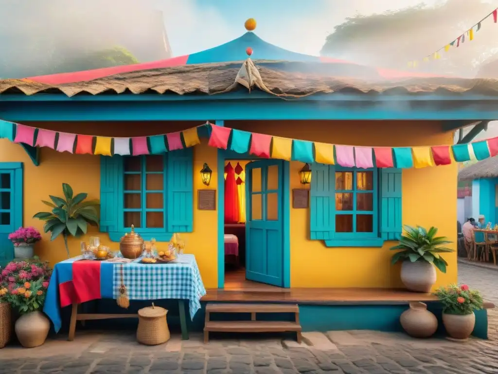 Carnaval Uruguayo: Casa de huéspedes acogedora y festiva Un acogedor alojamiento económico para Carnaval Uruguayo con colorida decoración festiva y locales disfrutando de mate