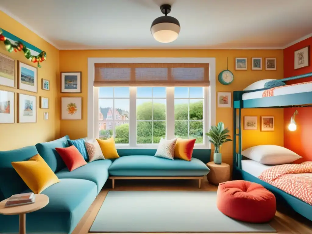 Alojamiento familiar para Carnaval: acogedora diversión Un acogedor alojamiento familiar en Carnaval con sala de estar colorida, rincón de juegos y habitación con literas vibrantes