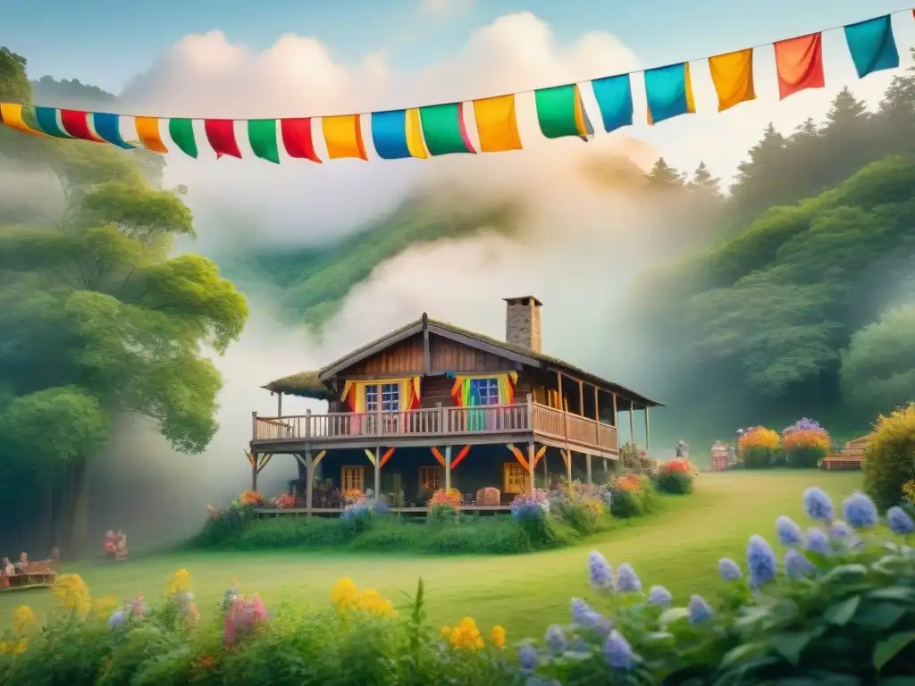 Cabaña rural en bosque festivo Un acogedor alojamiento rural cerca de eventos de Carnaval, con detalles de madera y ambiente festivo en el bosque