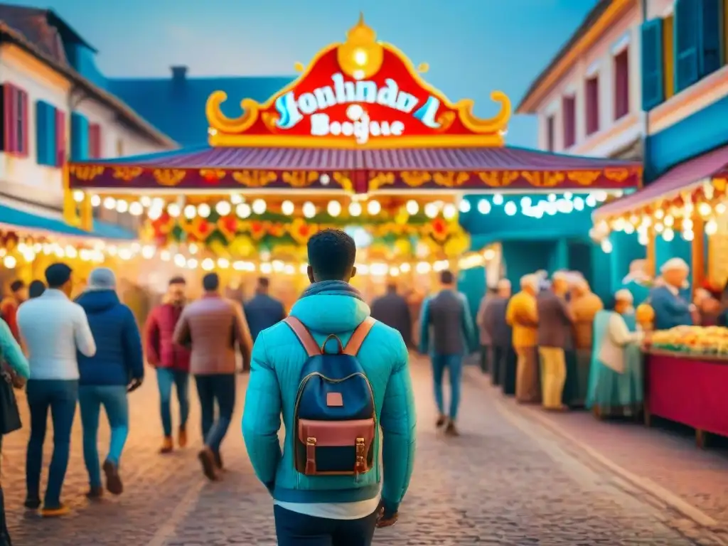 Boutique hotel en carnaval vibrante Un acogedor hotel boutique en medio de la bulliciosa calle del carnaval, rodeado de puestos de comida y ambiente festivo