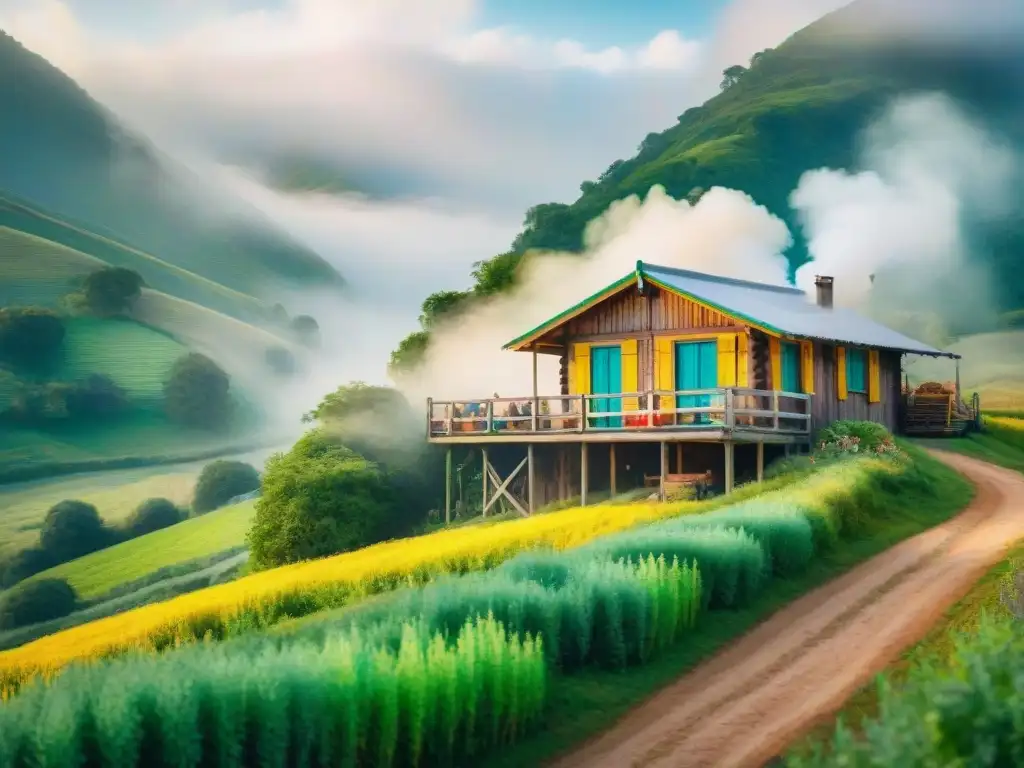 Pintura acuarela de cabaña rural en Carnaval campestre Acogedora cabaña rural entre colinas verdes, confeti y desfile festivo al fondo, evocando la atmósfera del Carnaval en el campo