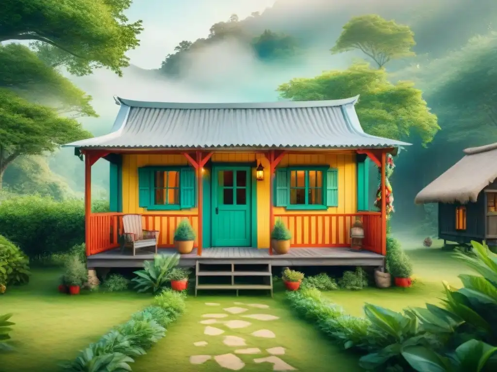 Cabaña rural festiva en Carnaval Acogedora cabaña rural decorada con streamers, en medio de árboles verdes, ideal para alojamiento rural cerca eventos Carnaval