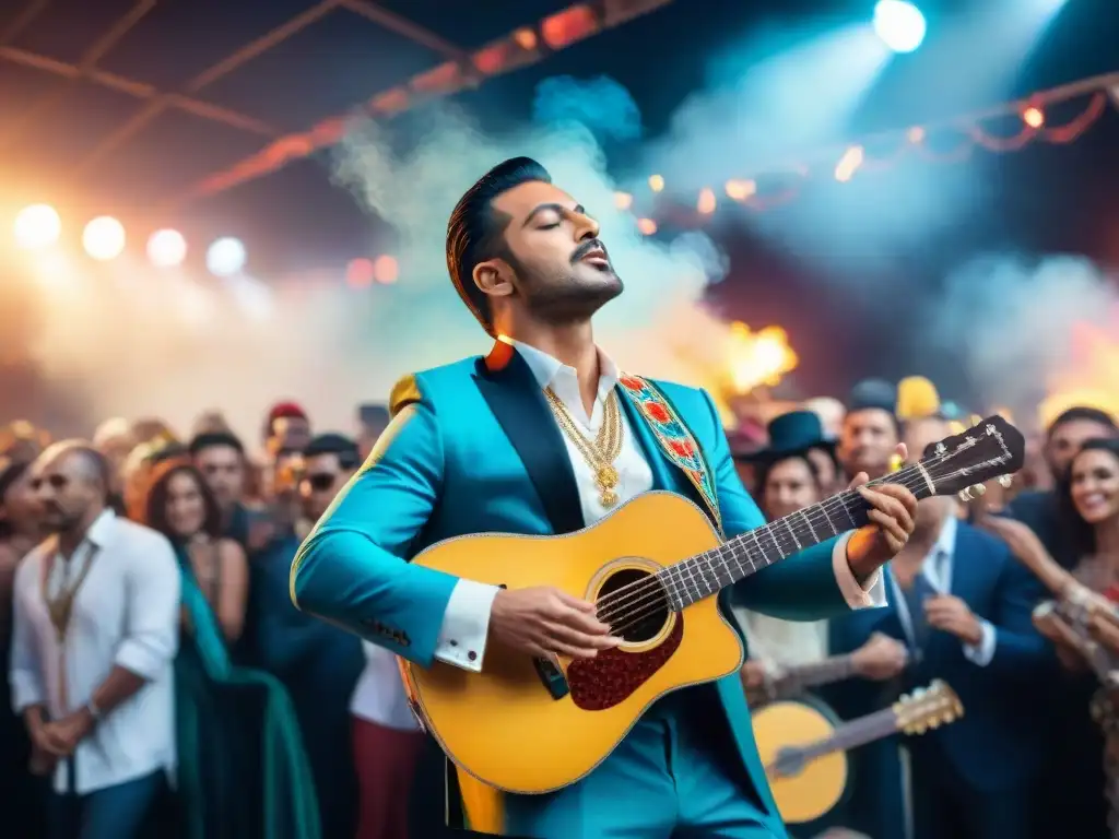 Eduardo Mateo en concierto durante Carnaval en Uruguay Eduardo Mateo en una actuación revolucionaria durante el Carnaval en Uruguay, rodeado de máscaras y una multitud animada