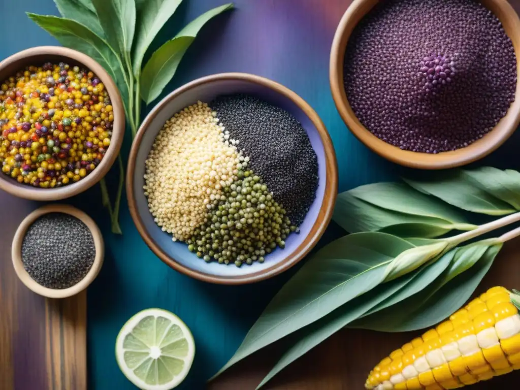 Pintura acuarela detallada: Superfoods uruguayos Una acuarela detallada de superalimentos uruguayos en una mesa de madera