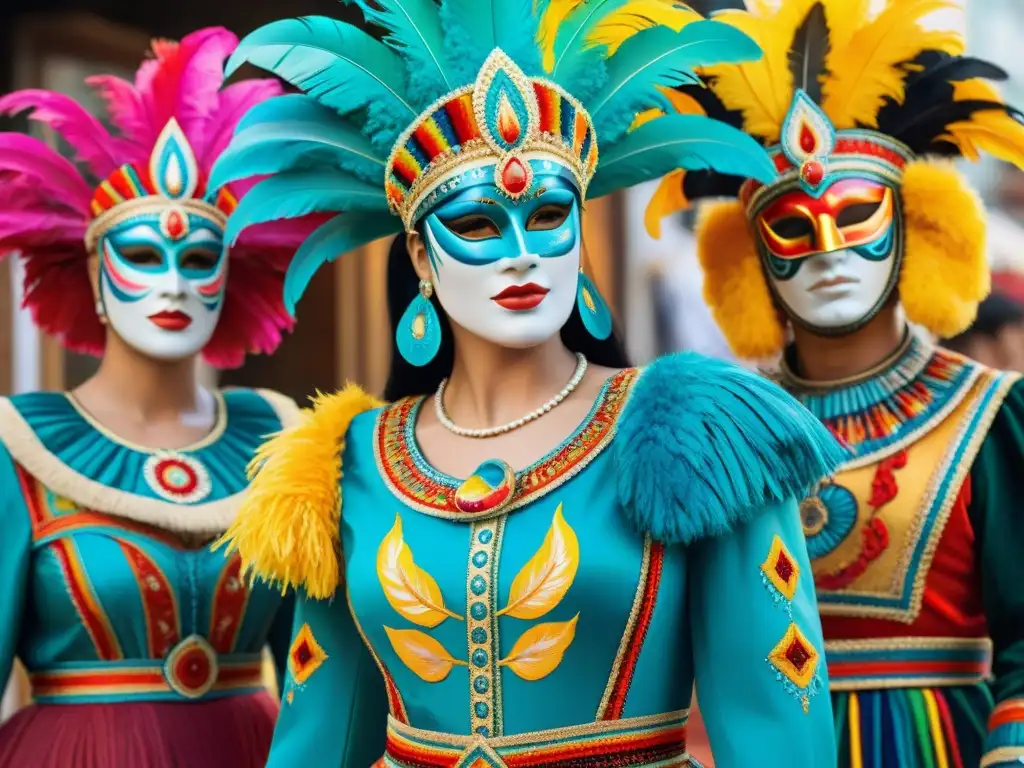 Trajes de Carnaval Uruguayo: Detalles Vibrantes Acuarela detallada de trajes vibrantes del Carnaval Uruguayo en maniquíes, rodeados de máscaras y instrumentos, conservación trajes Carnaval Uruguayo