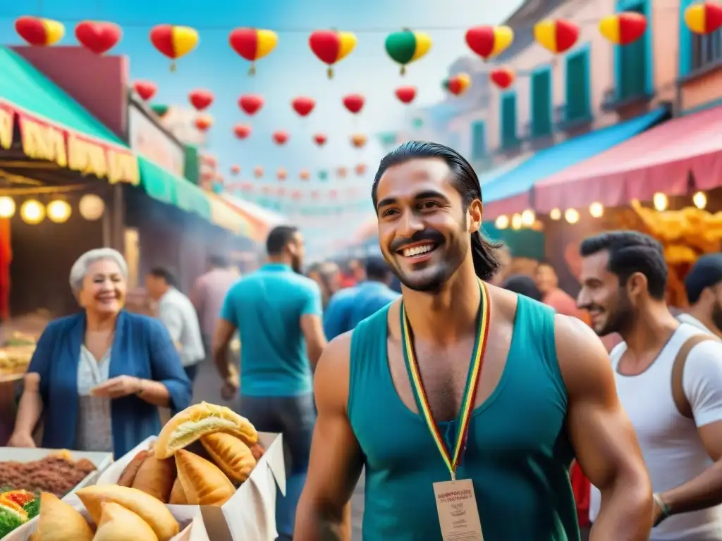 Carnaval uruguayo: pintura detallada de la vibrante fiesta callejera Una acuarela detallada de la vibrante y bulliciosa calle del carnaval uruguayo, con puestos de comida coloridos vendiendo asado, chivito y empanadas