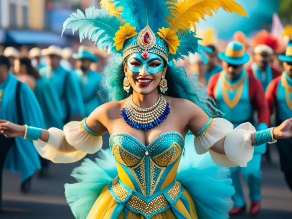 Pintura acuarela vibrante del Carnaval en Uruguay Una acuarela detallada del vibrante Carnaval en Uruguay, con deslumbrantes trajes y coloridos desfiles