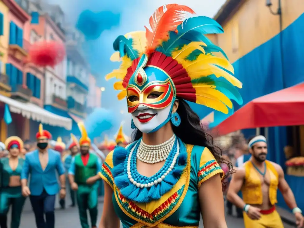 Pintura acuarela del Carnaval de Uruguay: ¡explosión de color y energía! Acuarela detallada del vibrante Carnaval Uruguayo, atractivo turístico global