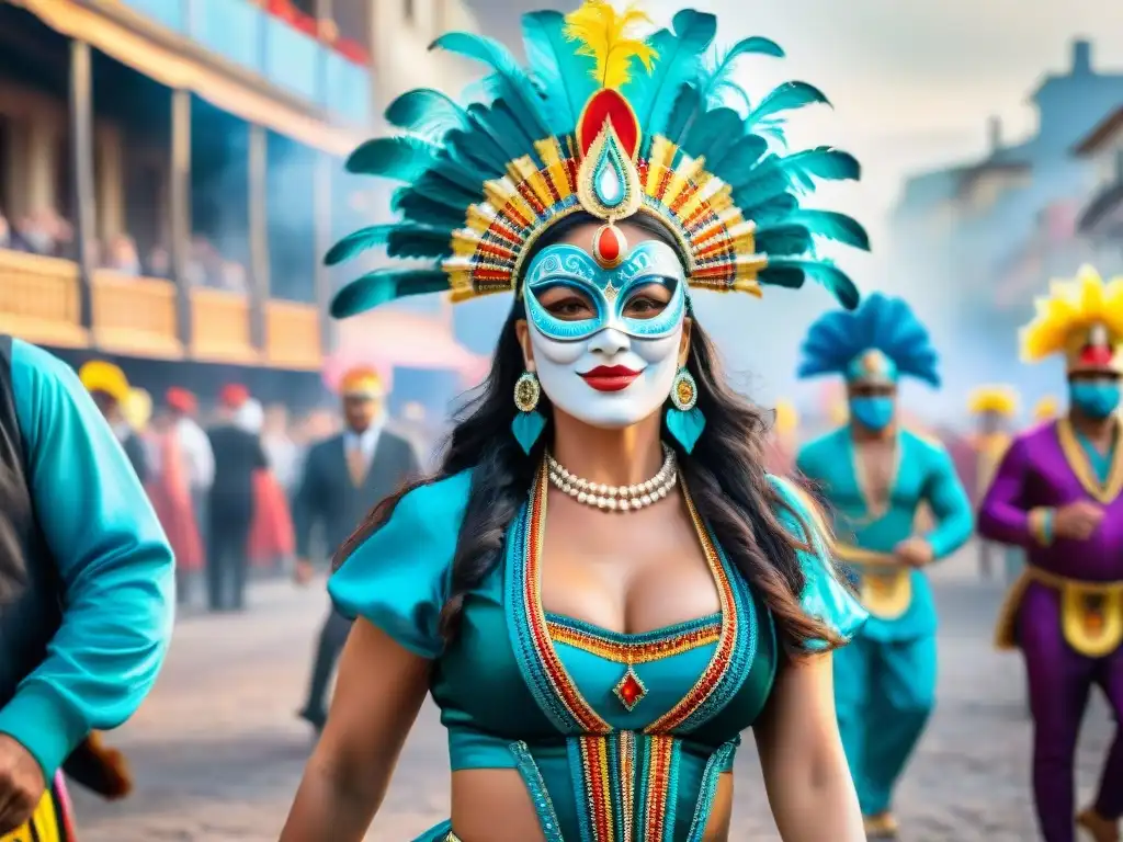 Coloridos trajes de Carnaval en Uruguay Una acuarela detallada que muestra los vibrantes trajes tradicionales del Carnaval en Uruguay, con bailarines, máscaras e intrincadas tocados, en medio de la música y multitudes alegres