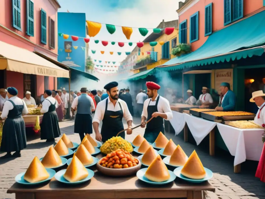 Mercado callejero en Carnaval de Uruguay: acuarela vibrante Una acuarela exquisita de un bullicioso mercado de comidas callejeras en el Carnaval de Uruguay