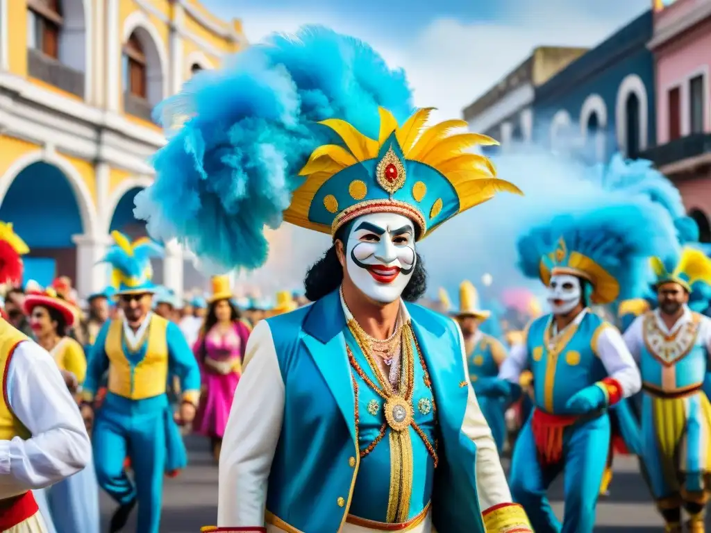Desfile vibrante de carnaval en Uruguay Una acuarela vibrante de un animado desfile de carnaval en Uruguay, con carrozas coloridas, bailarines y espectadores disfrutando del ambiente festivo