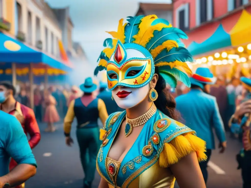 Carnaval en Uruguay: Calle vibrante y colorida Una ilustración en acuarela vibrante del Carnaval en Uruguay, con trajes coloridos, danzas tradicionales y espectadores emocionados