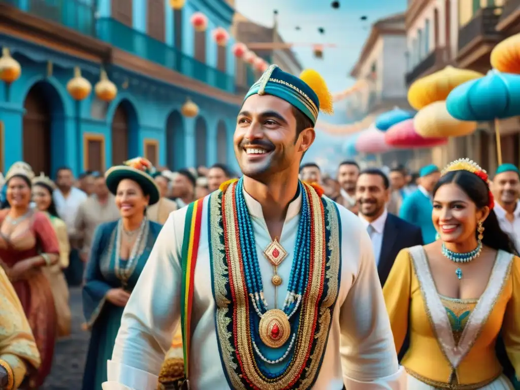 Vibrante Carnaval Uruguayo: Calle llena de color y alegría Una acuarela vibrante del Carnaval Uruguayo, con trajes coloridos, música alegre y carrozas elaboradas