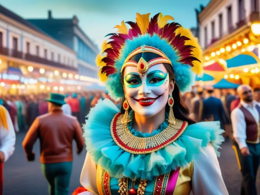Deslumbrante Carnaval Uruguayo: Colorida y festiva celebración Ilustración de acuarela del vibrante Carnaval Uruguayo, con coloridos trajes y música alegre en las calles