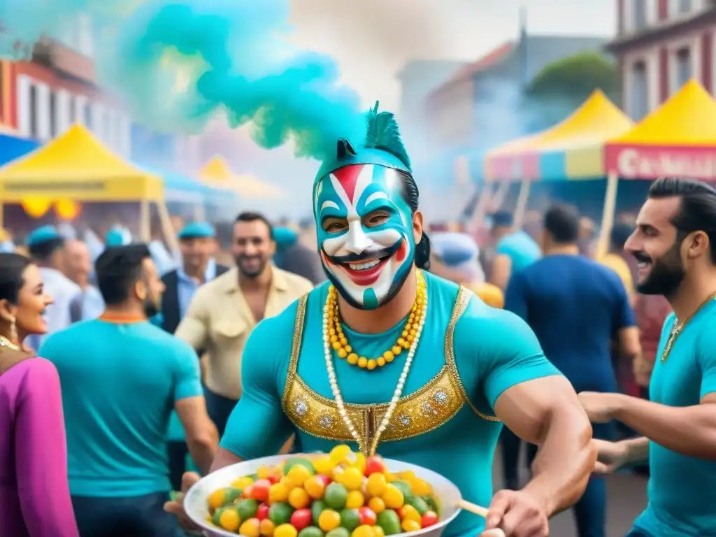 Ensalada Rusa: Sabor y Alegría en el Carnaval Uruguayo Un alegre Carnaval Uruguayo donde se prepara una receta de Ensalada Rusa, en medio de la celebración y la comunidad