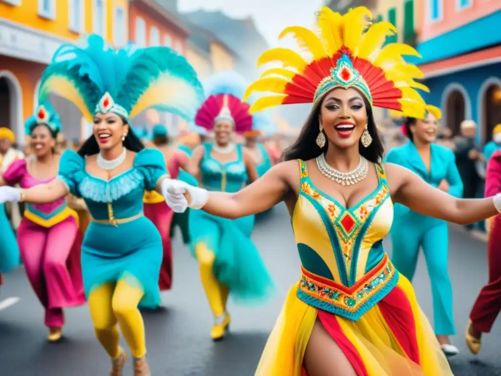 Colorido desfile de mujeres en trajes de Carnaval Un alegre desfile de Carnaval en Uruguay con vibrantes trajes y participación mujeres Carnaval Uruguayo