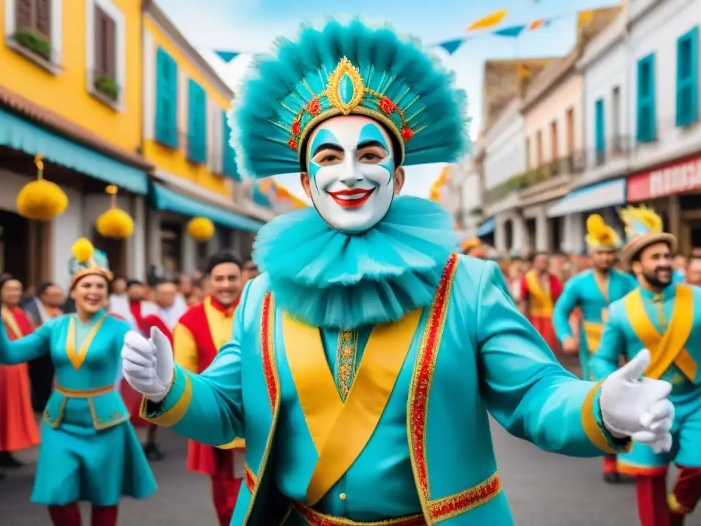 Colorida danza de niños en Carnaval Uruguayo Alegre desfile de niños en trajes tradicionales del Carnaval Uruguayo, rodeados de coloridos libros educativos