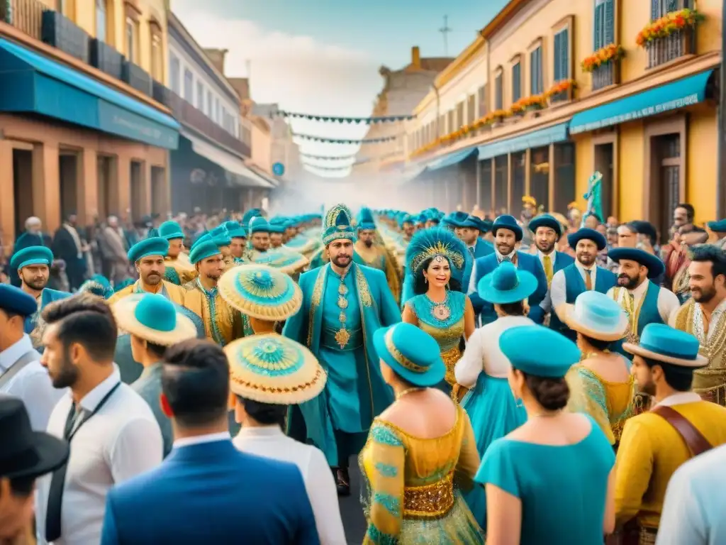 Vibrante Carnaval Uruguayo: Calles rebosantes de color y energía Alojamiento económico para Carnaval Uruguayo: Una escena vibrante de Carnaval Uruguayo con desfiles coloridos y espectadores emocionados
