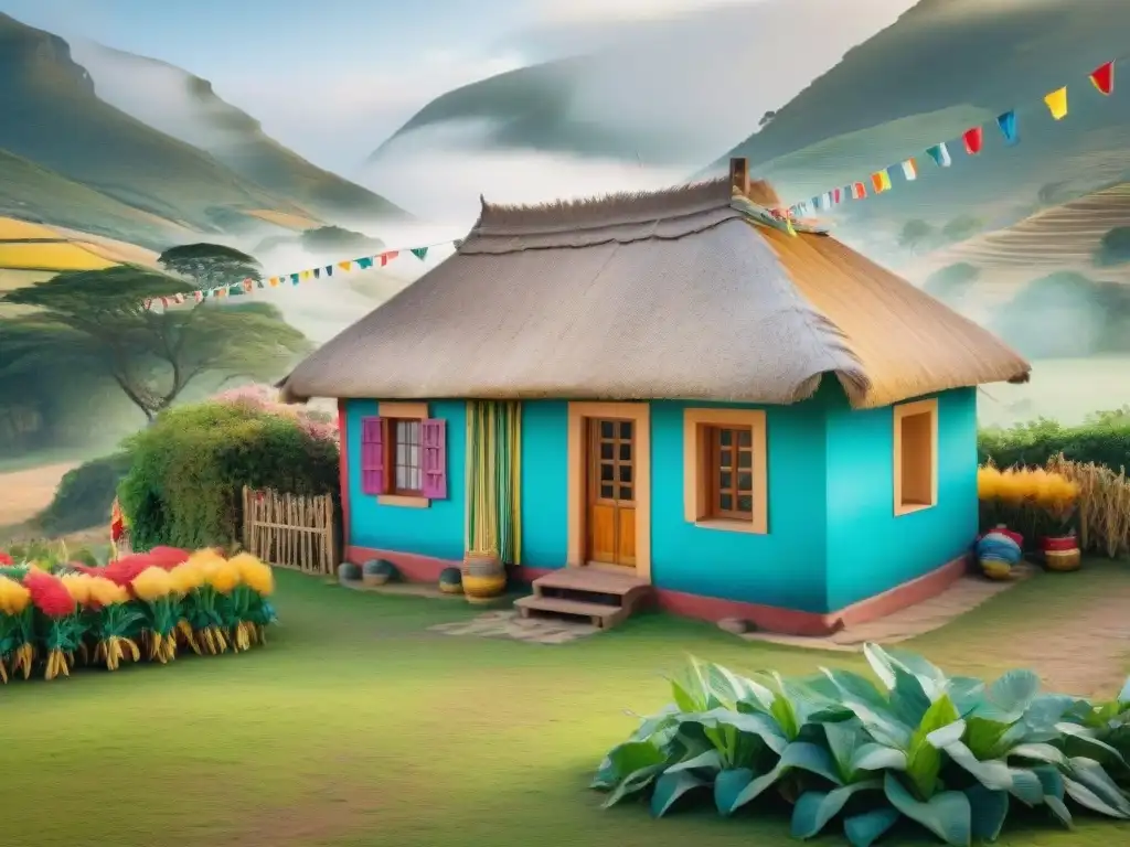 Pintura detallada de cabaña rural en Carnaval Uruguayo Alojamiento rural cerca eventos Carnaval: Pintura detallada de una encantadora cabaña rural durante el alegre Carnaval Uruguayo