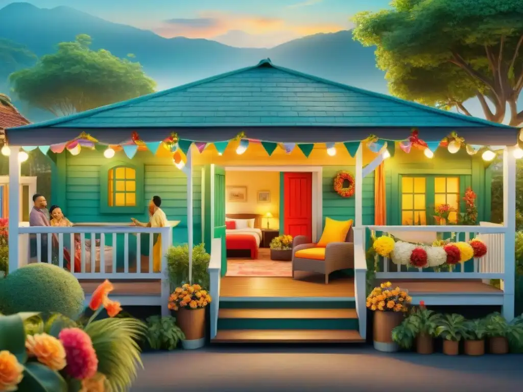 Alojamiento familiar acogedor en Carnaval Un alojamiento seguro para familias en Carnaval: una acogedora escena familiar en un alquiler vacacional colorido y festivo