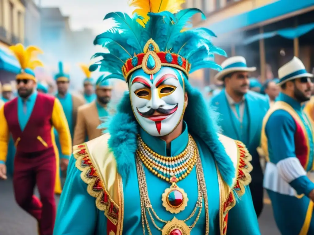 Alquileres vacacionales Carnaval Uruguayo: Colorido desfile de carnaval en Uruguay con trajes elaborados y música alegre