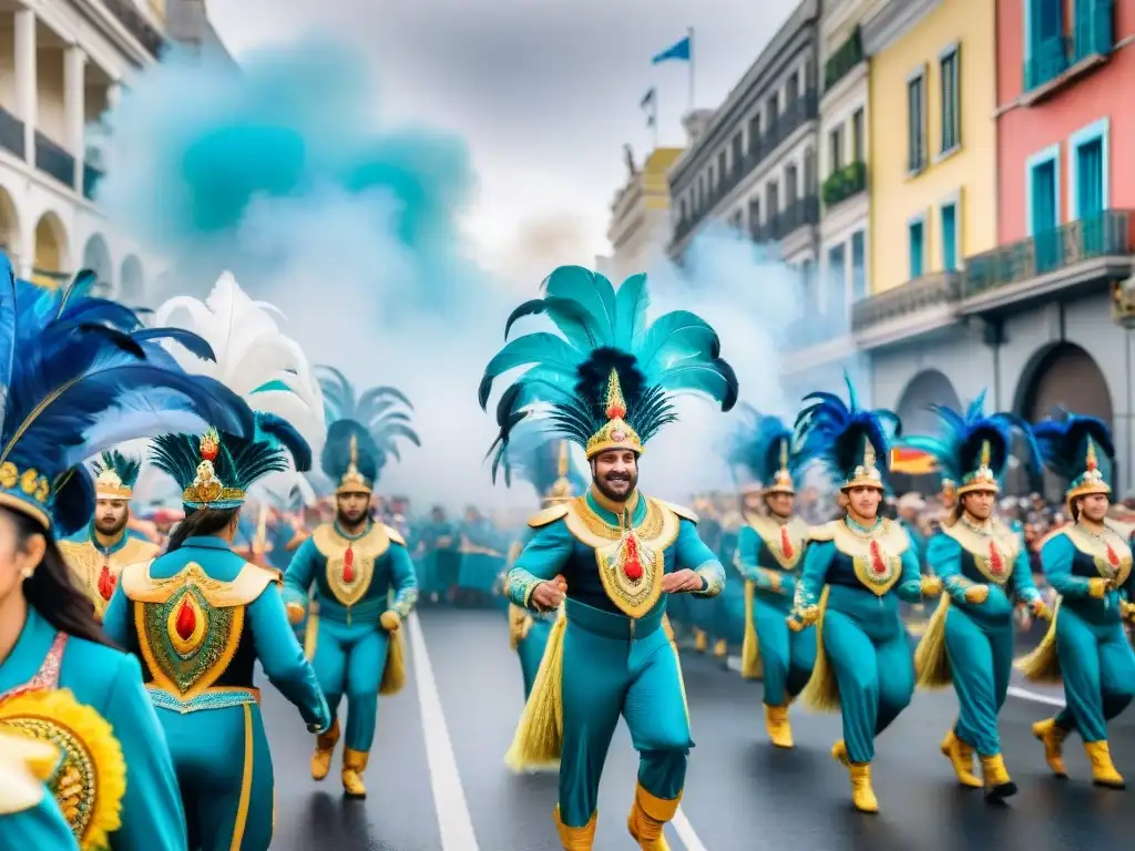 Deslumbrante desfile de carnaval en Uruguay Una animada ilustración de acuarela de un bullicioso desfile callejero durante un colorido carnaval en Uruguay