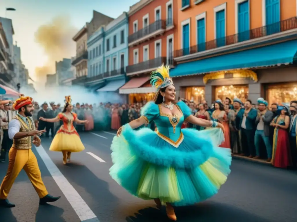 Carnaval Uruguayo en Montevideo: Colorida celebración callejera Una animada ilustración en acuarela de la celebración del Carnaval Uruguayo en Montevideo, con vibrantes bailarines y músicos