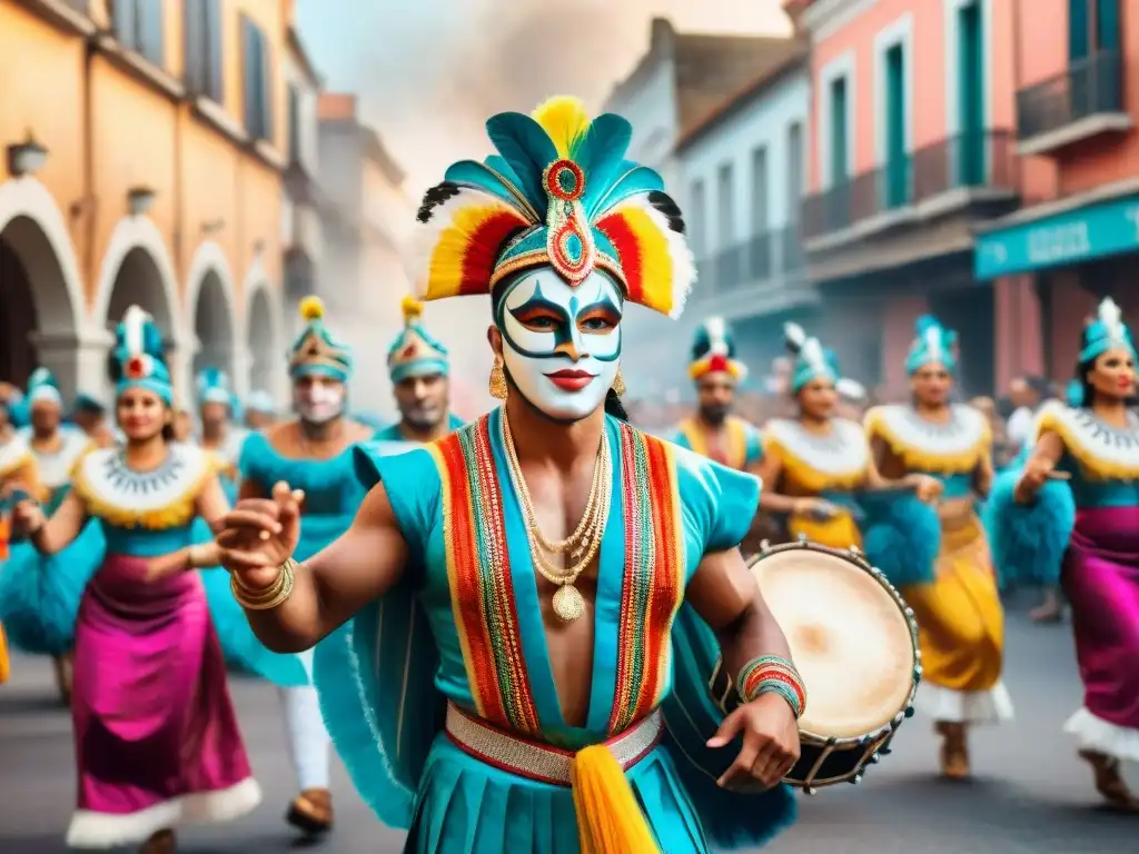 Murga Uruguaya: baile y color en el Carnaval Una animada ilustración acuarela de bailarines de Murga en Uruguay durante el Carnaval