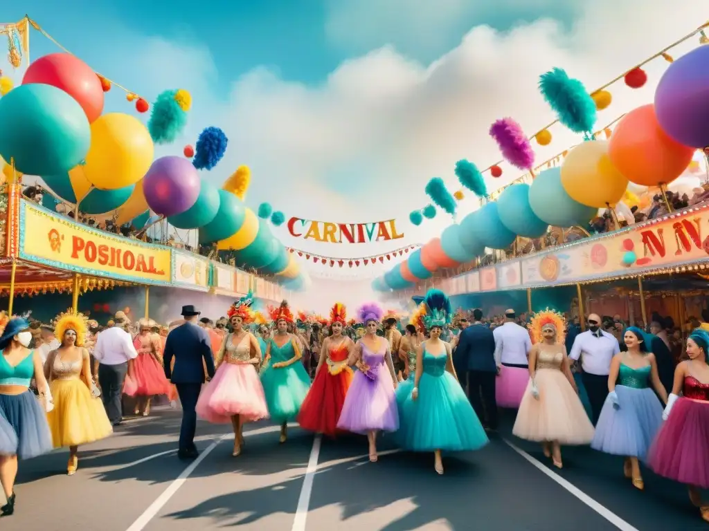 Calle de Carnaval: Alegría y Colorido Festivo Una animada ilustración acuarela de una bulliciosa calle de carnaval con personas luciendo disfraces coloridos y elaborados