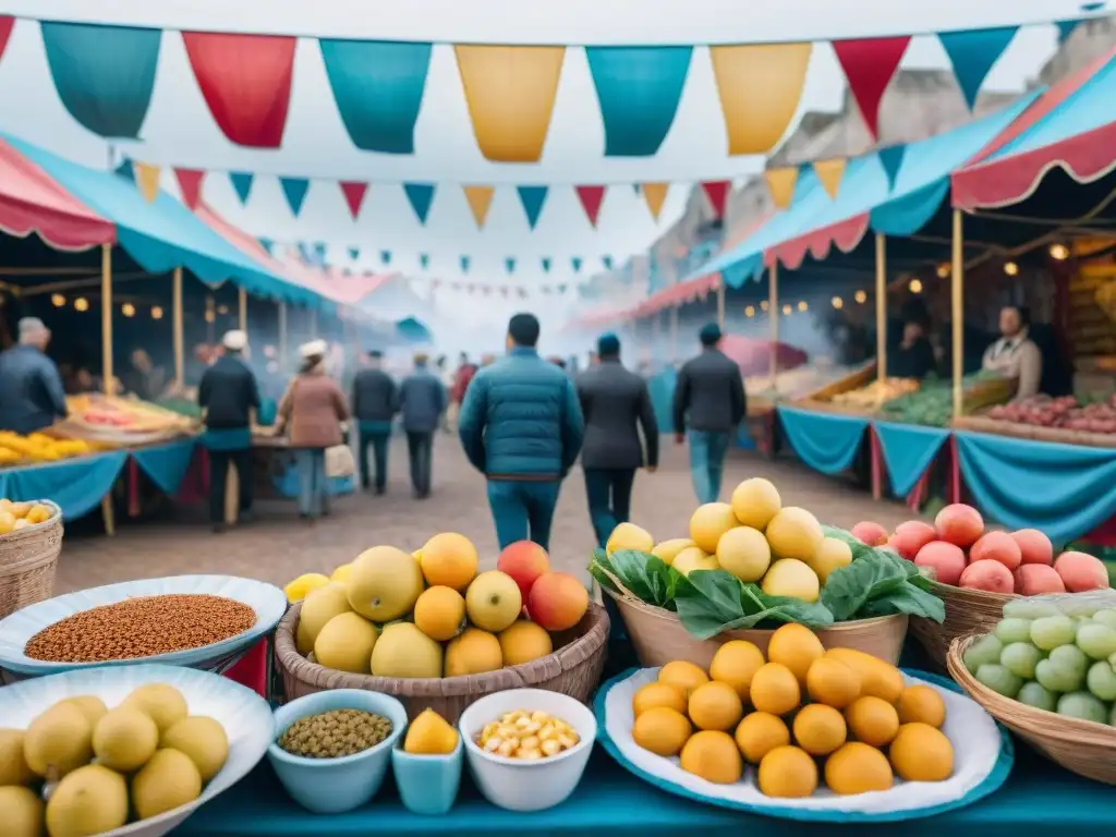 Colorida feria gastronómica en Uruguay: sabores y alegría Una animada ilustración acuarela de un bullicioso carnaval en Uruguay, con coloridos puestos de comida ofreciendo comidas rápidas saludables