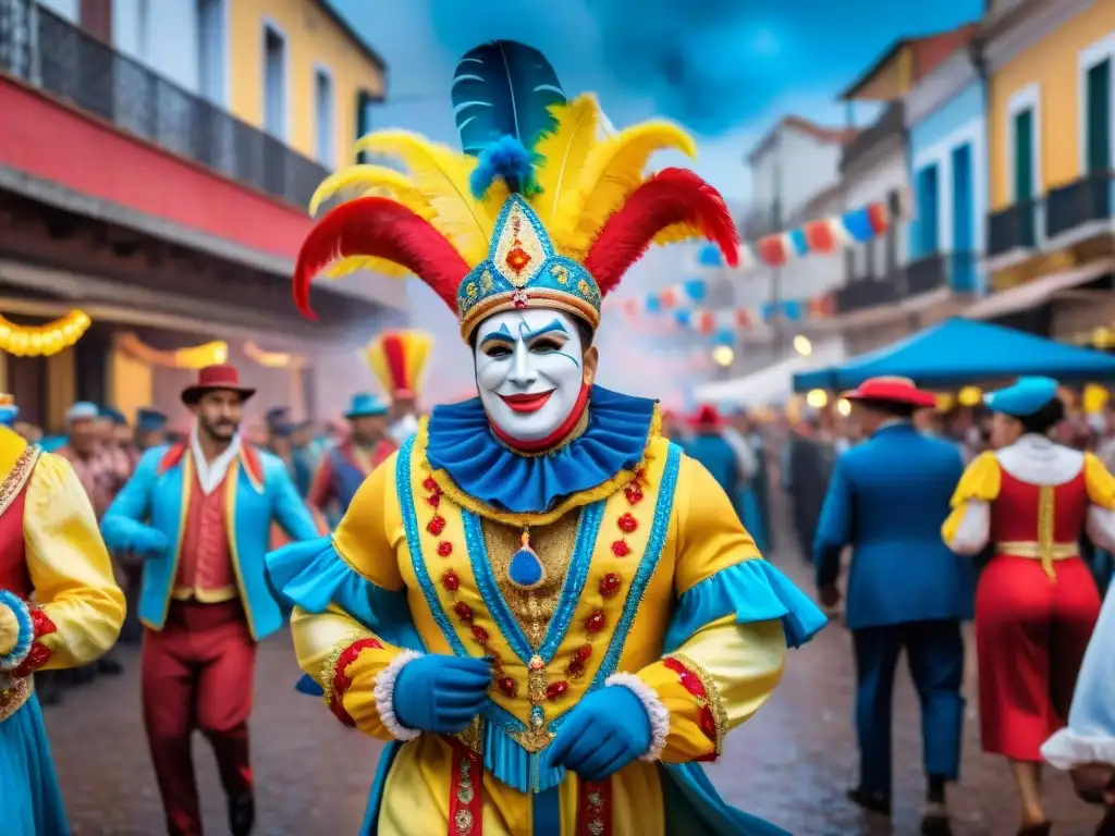 Carnaval en Uruguay: Fiesta y Colorido Animada ilustración acuarela del bullicioso Carnaval en Uruguay, con floats, bailarines y espectadores disfrutando de la festividad