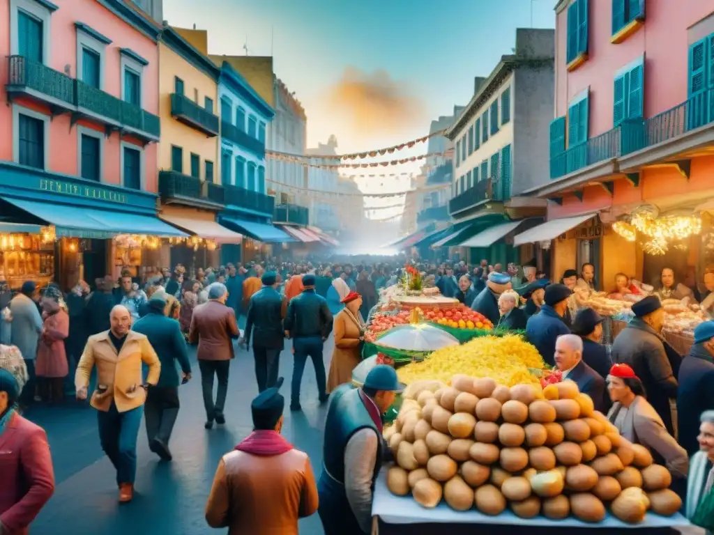 Montevideo en Carnaval: Colorida celebración en las calles Una animada ilustración acuarela de una calle bulliciosa en Montevideo, Uruguay durante la temporada de Carnaval