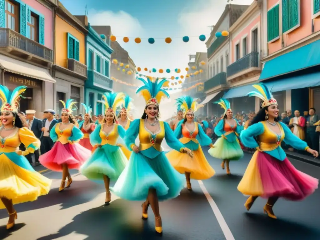 Vibrante Carnaval en Montevideo: acuarela detallada Animada calle del Carnaval en Montevideo, con colores vibrantes y música tradicional