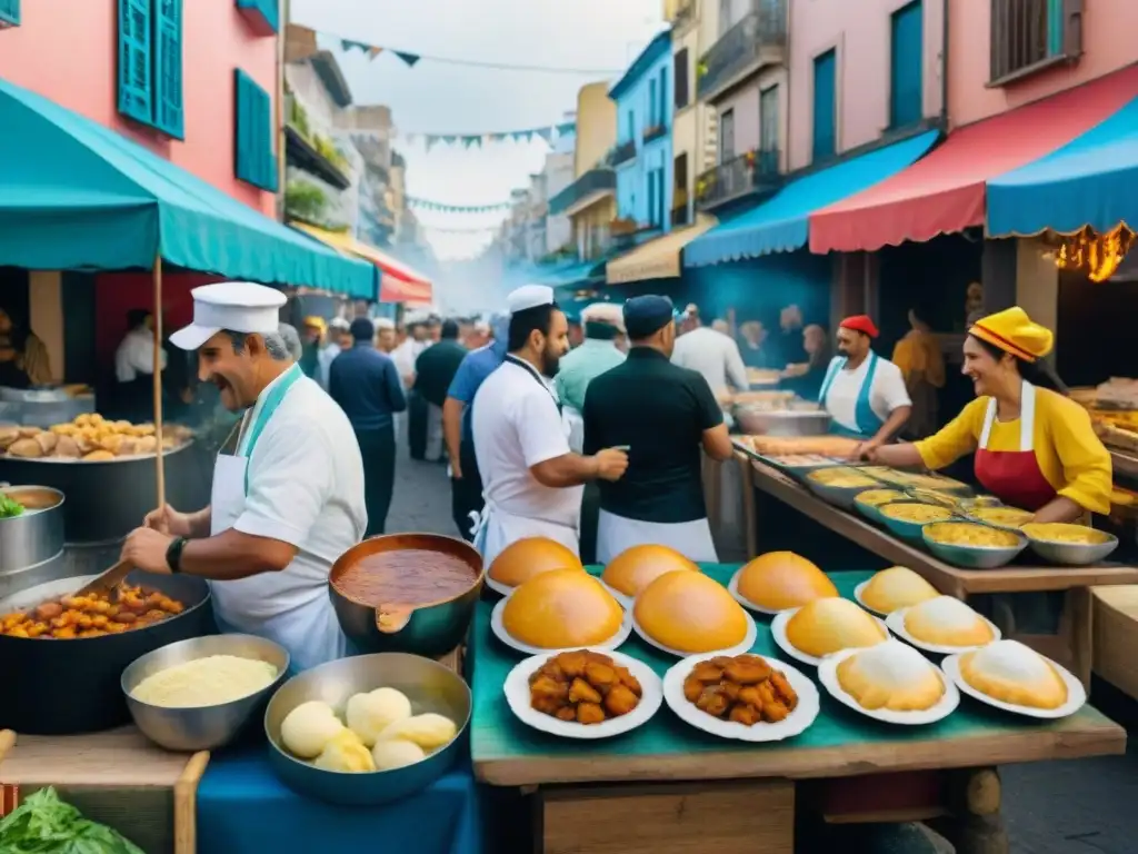 Una animada calle de Montevideo durante el Carnaval, con coloridos puestos de comida y chefs preparando platos uruguayos