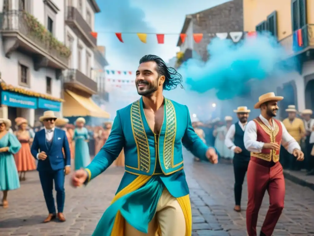 Animada ilustración acuarela del Carnaval en Uruguay, con artistas, música y confeti