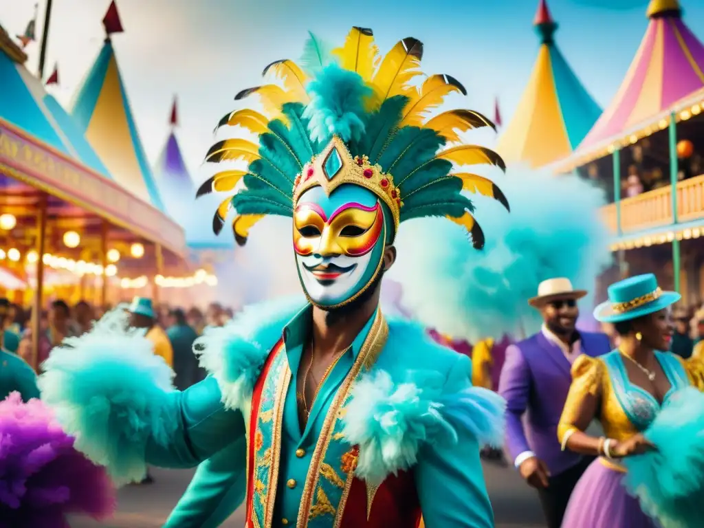 Vibrante Carnaval: calle llena de coloridos trajes y danzas alegres Una animada ilustración acuarela del Carnaval, con desfiles coloridos y danzas alegres en las calles