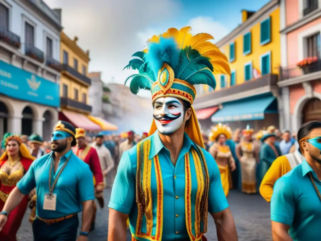 Carnaval en Uruguay: vibrante escena callejera en acuarela Una animada ilustración acuarela del Carnaval en Uruguay con desfiles coloridos y edificios festivos