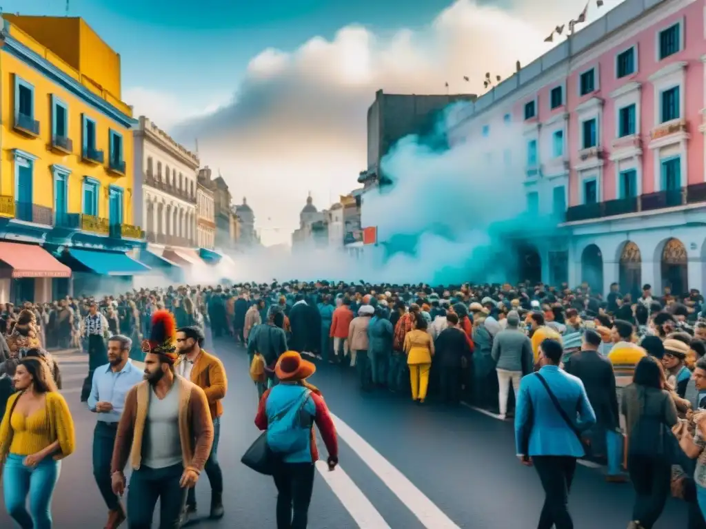 Carnaval en Uruguay: Calle vibrante y colorida Animada ilustración acuarela de Carnaval en Uruguay con desfiles, músicos y espectadores felices