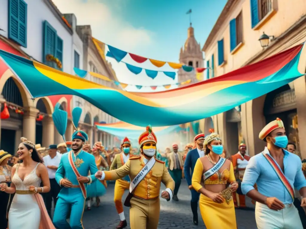 Carnaval en Uruguay: Calles vibrantes y coloridas Animada ilustración acuarela del Carnaval en Uruguay con disfraces coloridos y música alegre