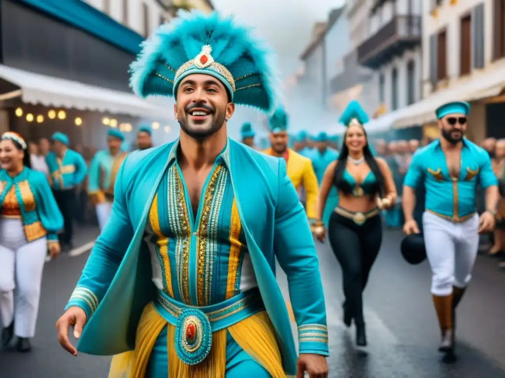 Deslumbrante Carnaval Uruguayo: baile, música y color en las calles Animada ilustración acuarela del Carnaval Uruguayo con coloridos trajes, bailes y música tradicional, reflejando la atmósfera festiva y dinámica