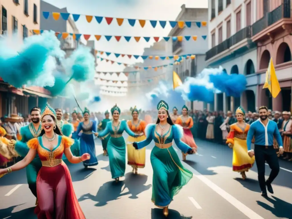 Carnaval Uruguayo: Desfile colorido y animado en Montevideo Una animada ilustración acuarela de Carnaval Uruguayo con comparsas, murgas y merchandising oficial Carnaval Uruguayo