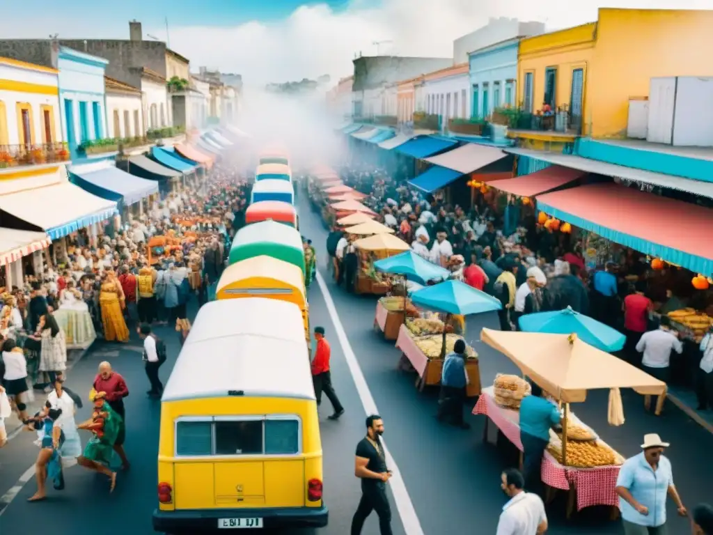 Colorida escena del Carnaval Uruguayo con food trucks y festividades Animada ilustración acuarela de Food trucks Carnaval Uruguay con vibrante escena callejera y festiva multitud