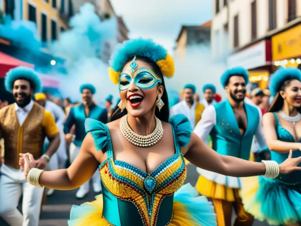 Baile alegre en el Carnaval de Uruguay Una animada ilustración acuarela de coloridos bailarines de carnaval en Uruguay, capturando la alegría y energía del evento