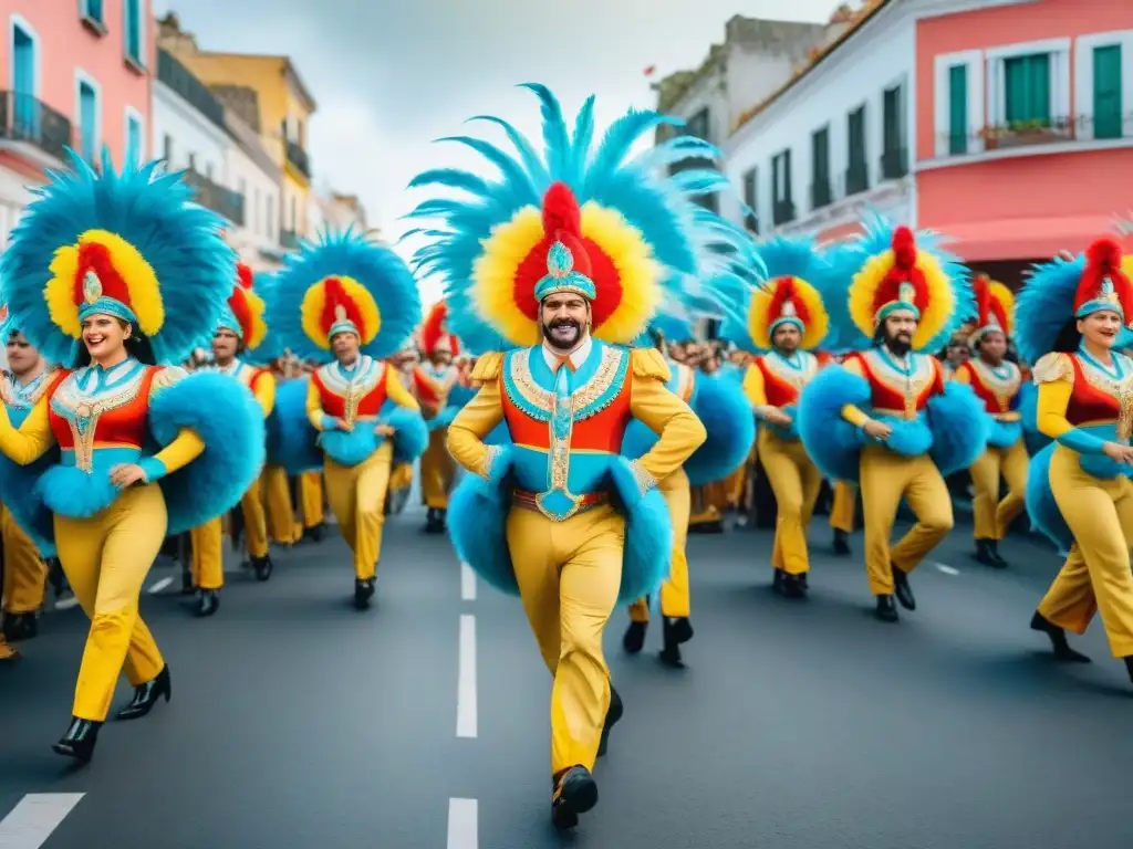 Deslumbrante desfile de Carnaval en Uruguay Una animada ilustración detallada en acuarela de un vibrante desfile de Carnaval en Uruguay, con coloridas carrozas, bailarines en trajes elaborados, músicos tocando instrumentos tradicionales y espectadores animando en las calles