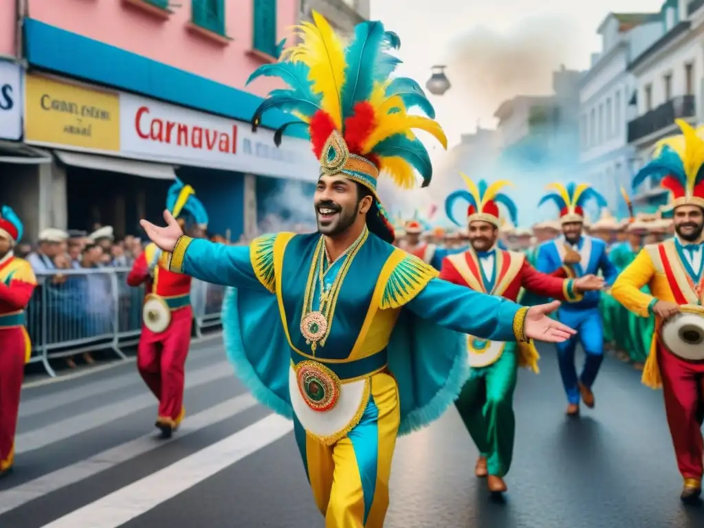 Deslumbrante Carnaval en Uruguay: danza, color y alegría Una animada y detallada pintura acuarela del vibrante Carnaval en Uruguay