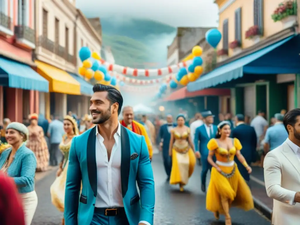 Carnaval en Uruguay: Escena callejera vibrante y colorida Animada escena callejera del Carnaval en Uruguay con recetas emblemáticas uruguayas
