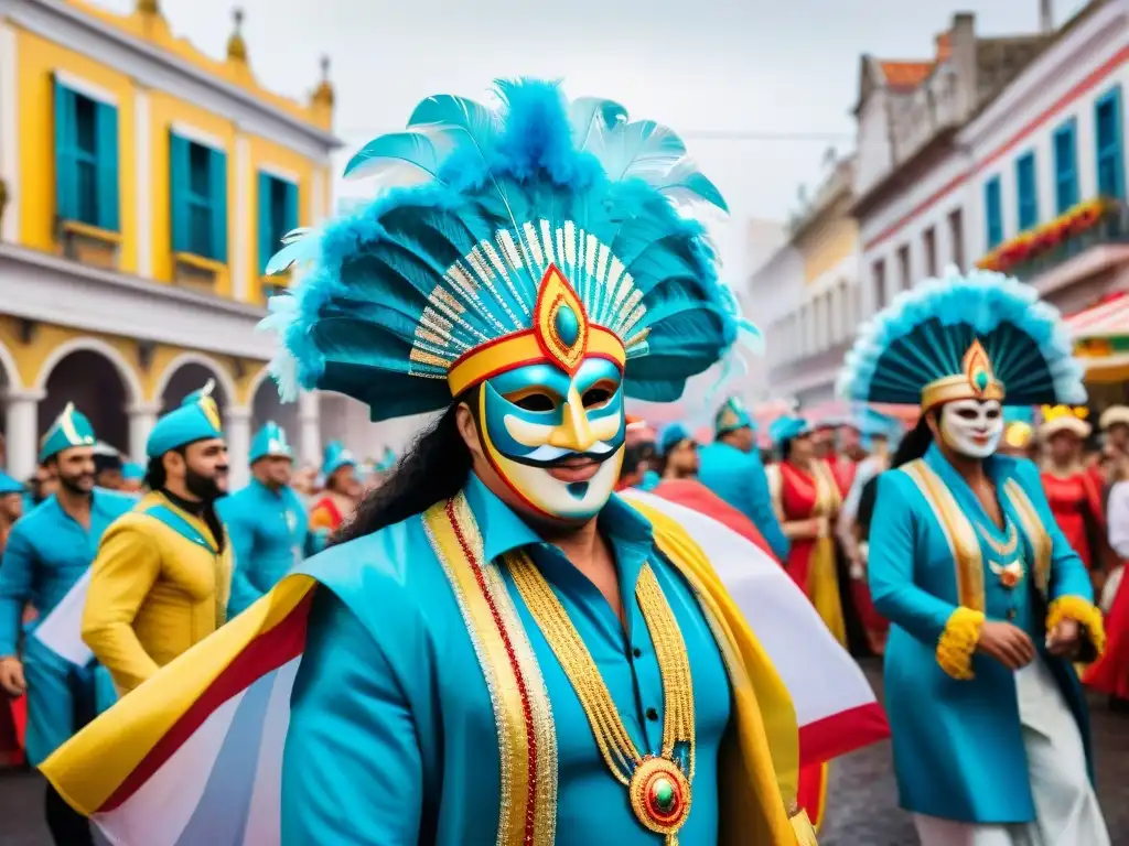 Carnaval uruguayo: vibrante escena callejera en acuarela Una animada escena callejera del Carnaval Uruguayo con bailarines, música y espectadores