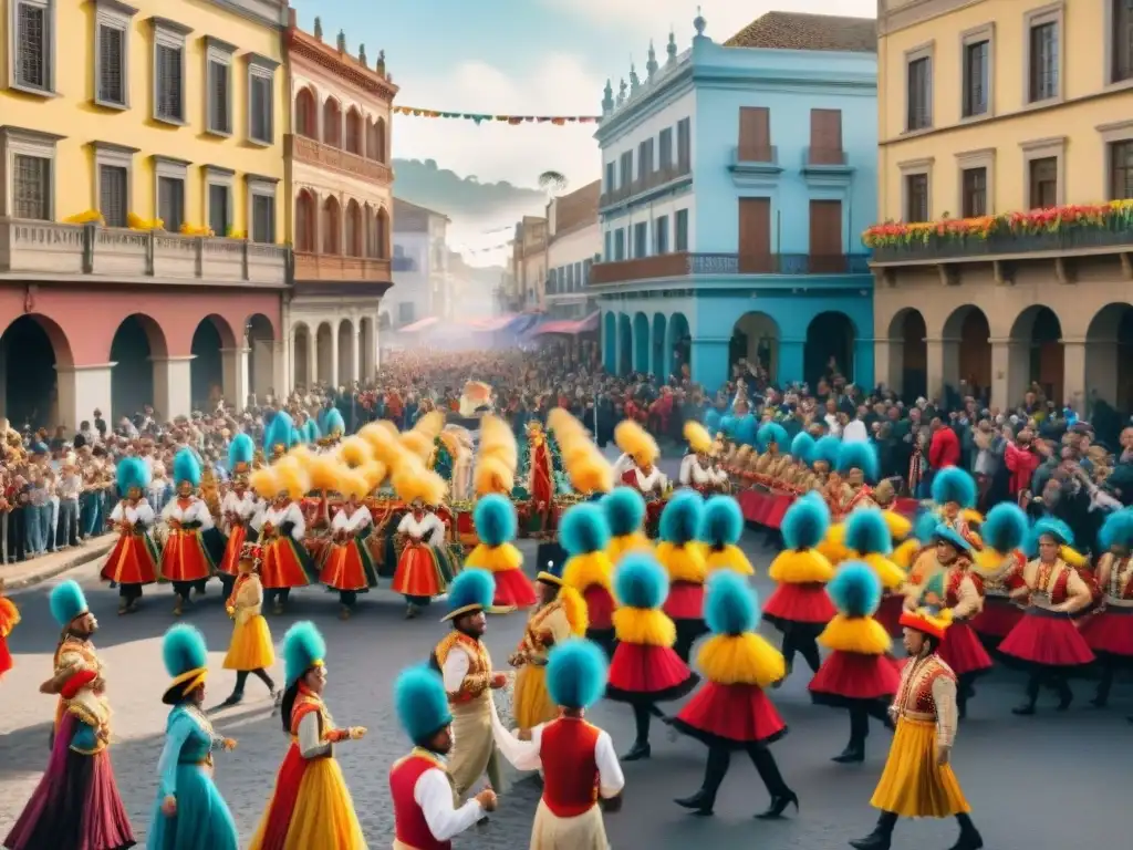Colorido Carnaval Uruguayo: Celebración histórica en las calles Una animada escena callejera durante el Carnaval Uruguayo, con trajes históricos y colores vibrantes