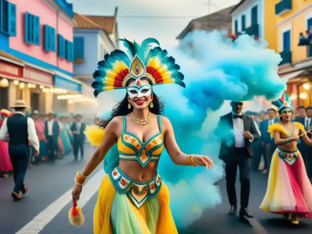 Carnaval Urugayo: Detalles vibrantes y festivos Una animada escena callejera del Carnaval Uruguayo, llena de coloridos trajes tradicionales y música alegre