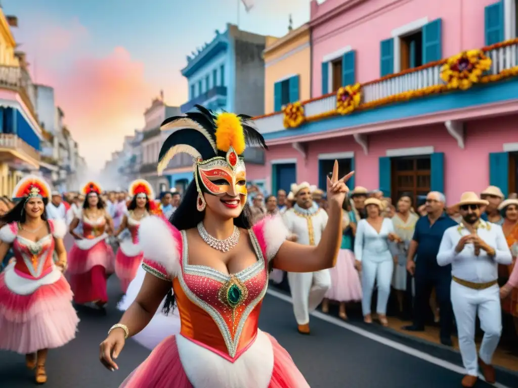 Pintura acuarela del Carnaval en Uruguay: Colorida celebración callejera Una animada escena callejera del Carnaval en Uruguay con trajes coloridos, música festiva y decoraciones detalladas